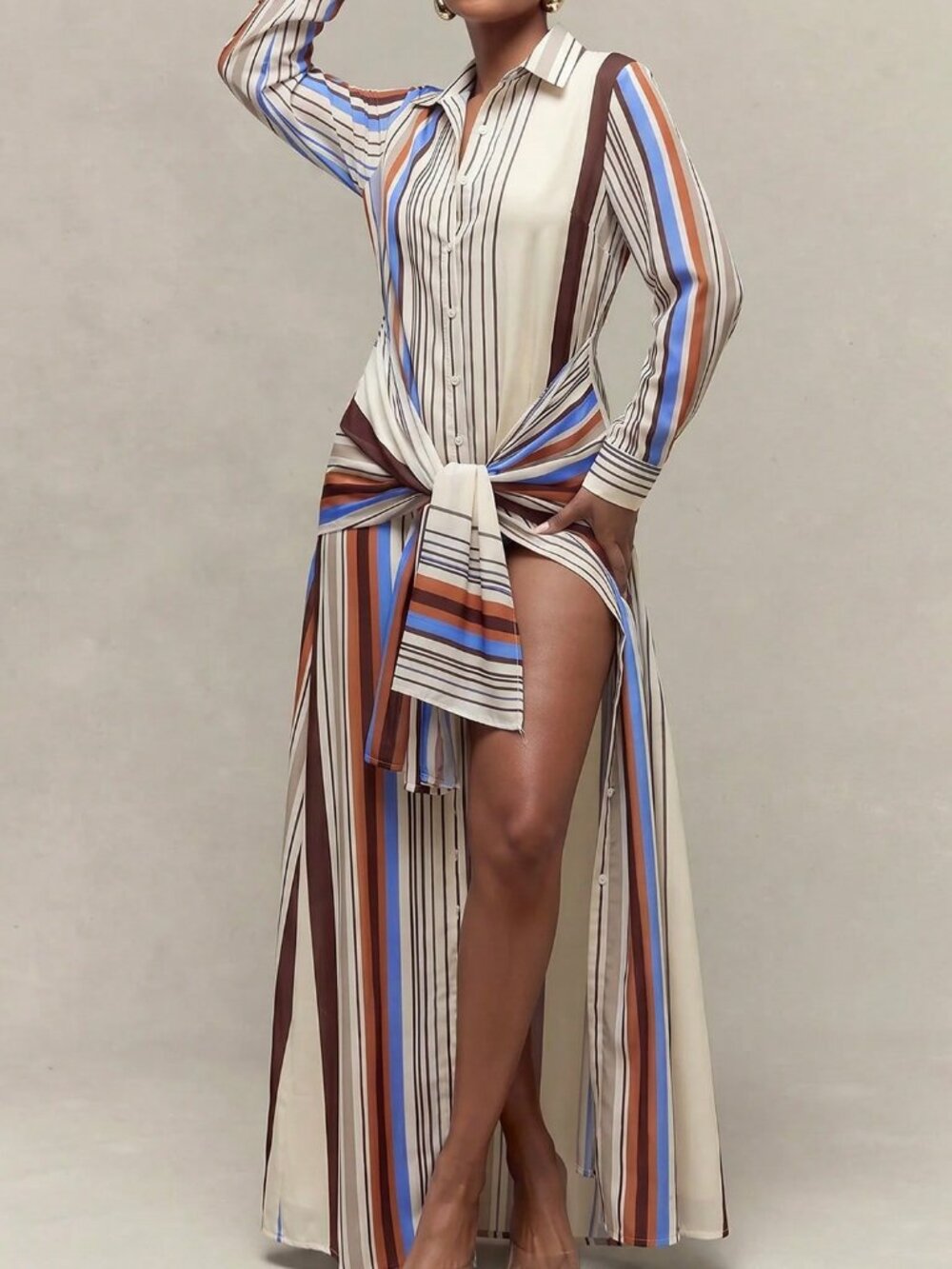 Multicolor Casual Women's Striped Regular Fit Self Tie Maxi Shirt Dress